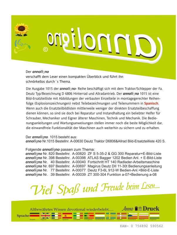 Deutz Schlepper/Traktor Zugmaschine Typen 6806 & 6806 A Allrad Bild- Ersatzteilliste & Explosionszeichnungen - annoligno 1015